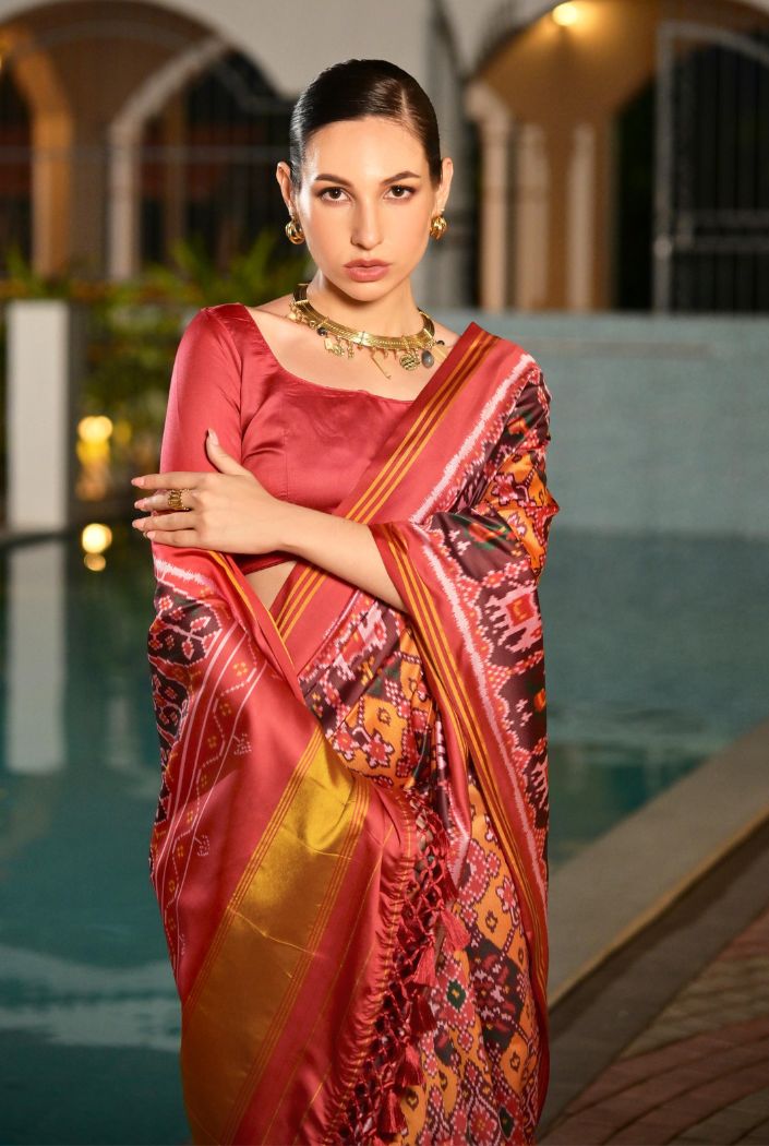 Buy MySilkLove Neon Orange Printed Patola Soft Silk Saree Online