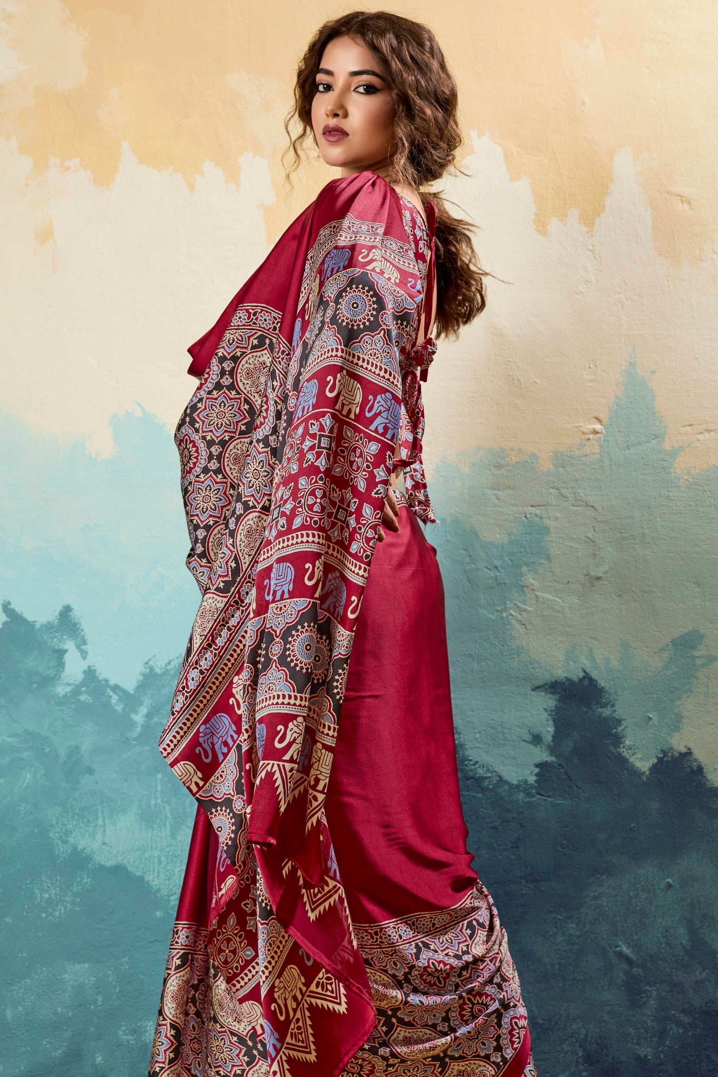 MySilkLove Tomato Red Modal Ajrakh Satin Printed Silk Saree