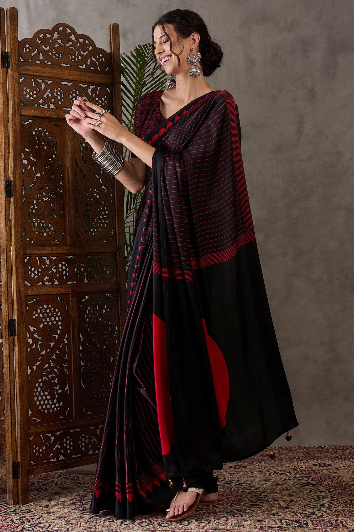 Buy MySilkLove Retro Black and Red Printed Satin Gaji Silk Saree Online