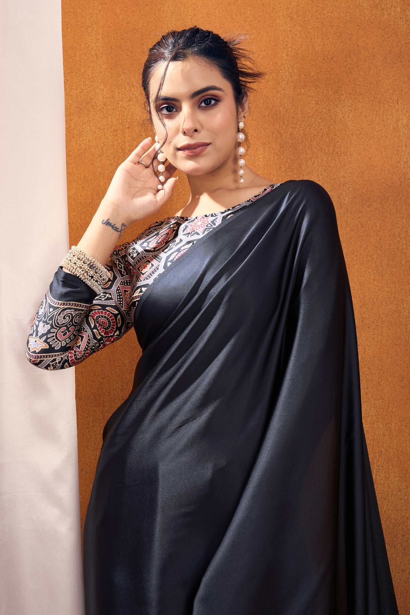 Buy MySilkLove Eleboro Black Ajrakh Printed Satin Crepe Silk Saree Online