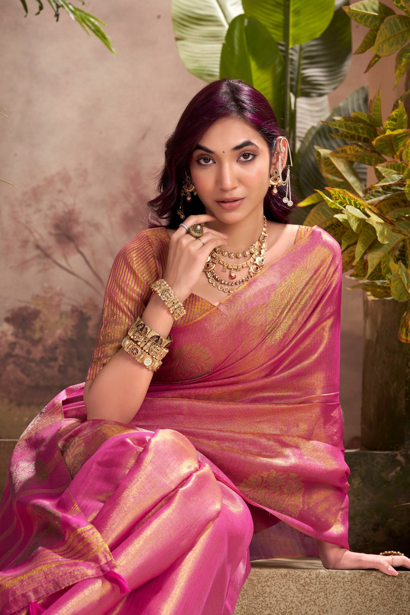 Buy MySilkLove Brick Pink Woven Tissue Saree Online