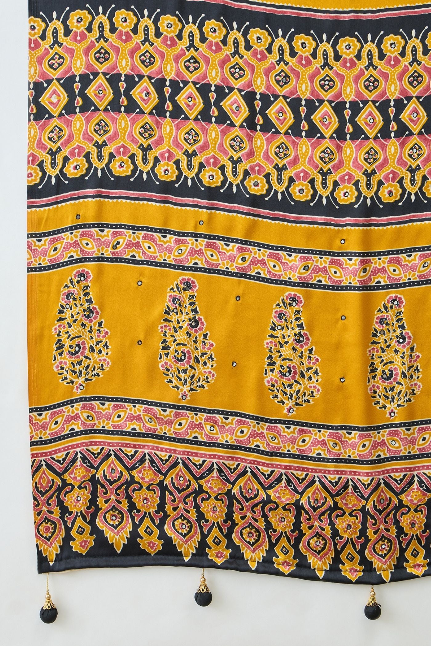 Buy MySilkLove Black Pearl and Yellow Modal Ajrakh Satin Printed Silk Saree Online