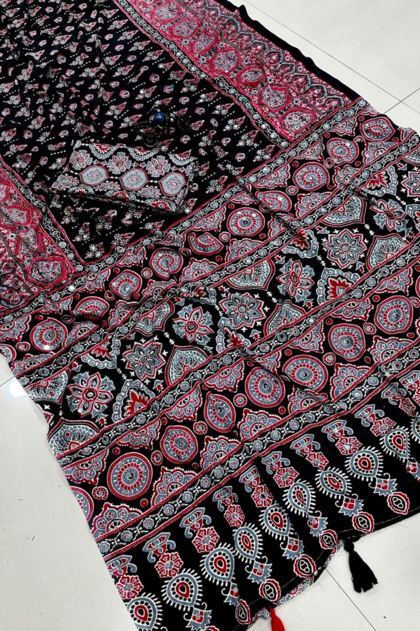 Buy MySilkLove Neutral Beige Modal Ajrakh Satin Printed Mirror Work Saree Online