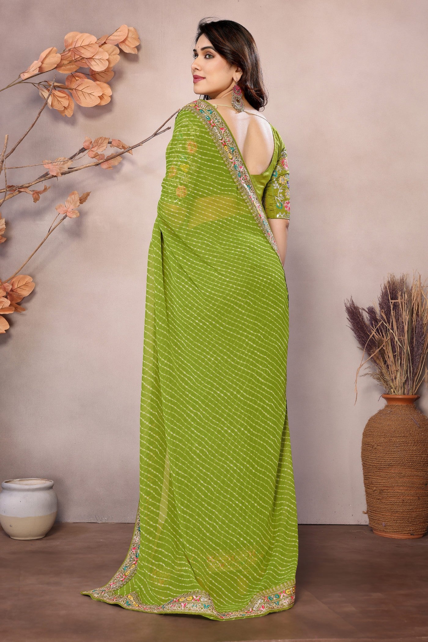 Buy MySilkLove Olive Green Georgette Designer Partywear Saree Online