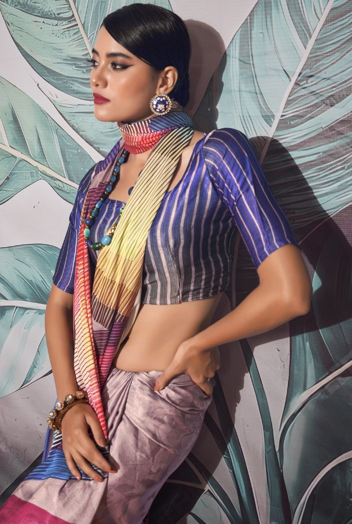 Buy MySilkLove Dusty Purple Printed Satin Silk Saree Online