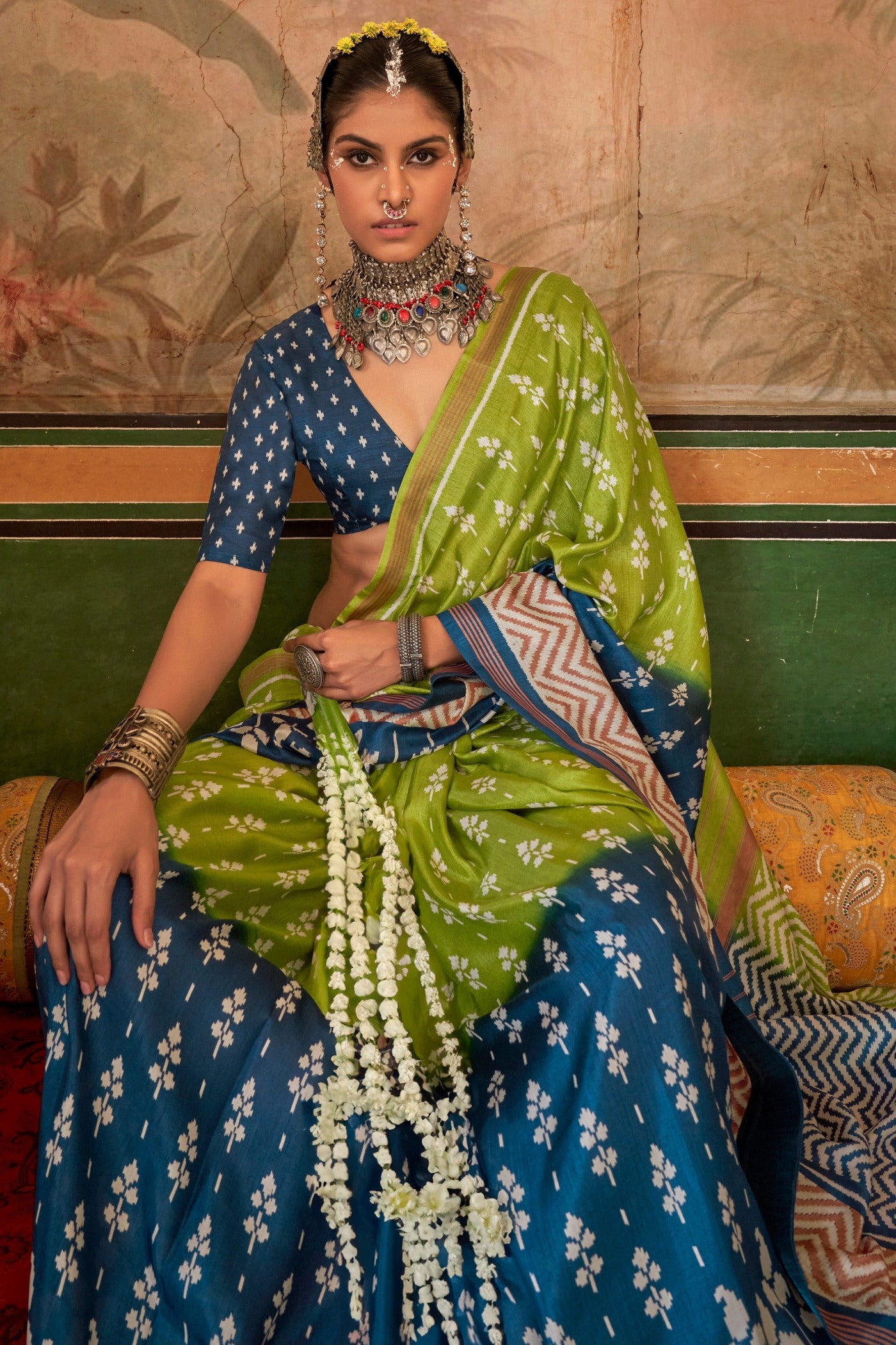 MySilkLove Pine Yellow and Blue Printed Patola Saree