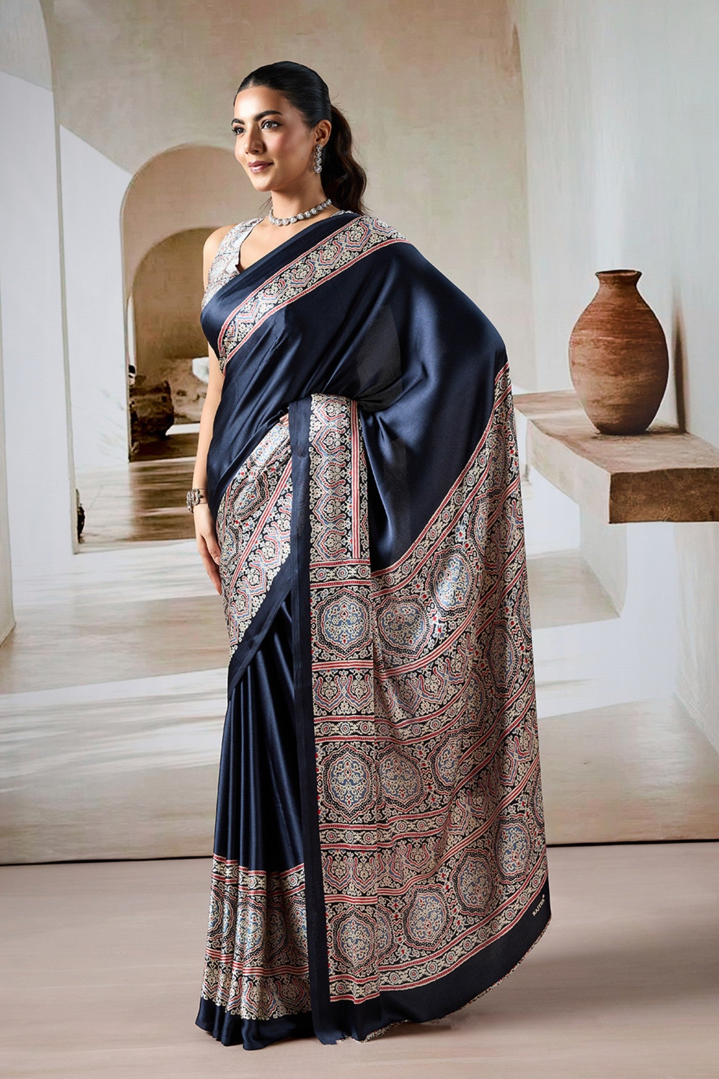 Buy MySilkLove Grease Black Ajrakh Printed Satin Crepe Silk Saree Online
