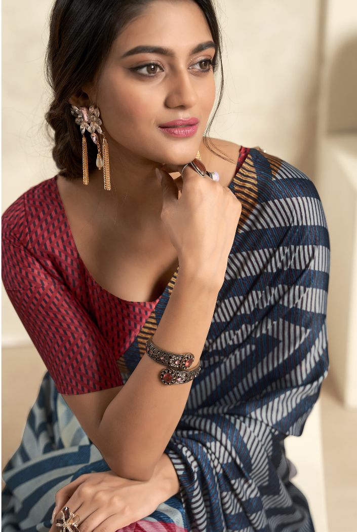 Buy MySilkLove Usafa Blue Printed Satin Silk Saree Online
