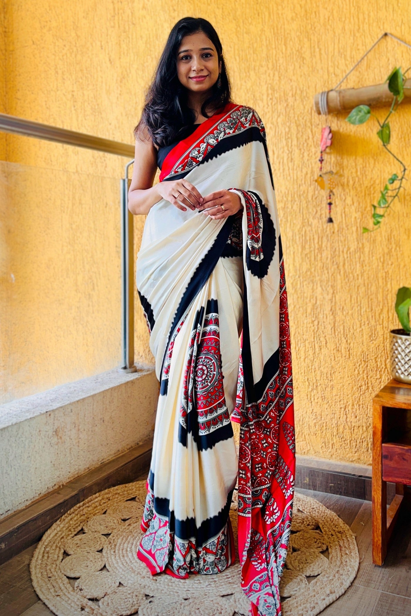 Buy MySilkLove Dutch White Ajrakh Printed Satin Silk Saree Online