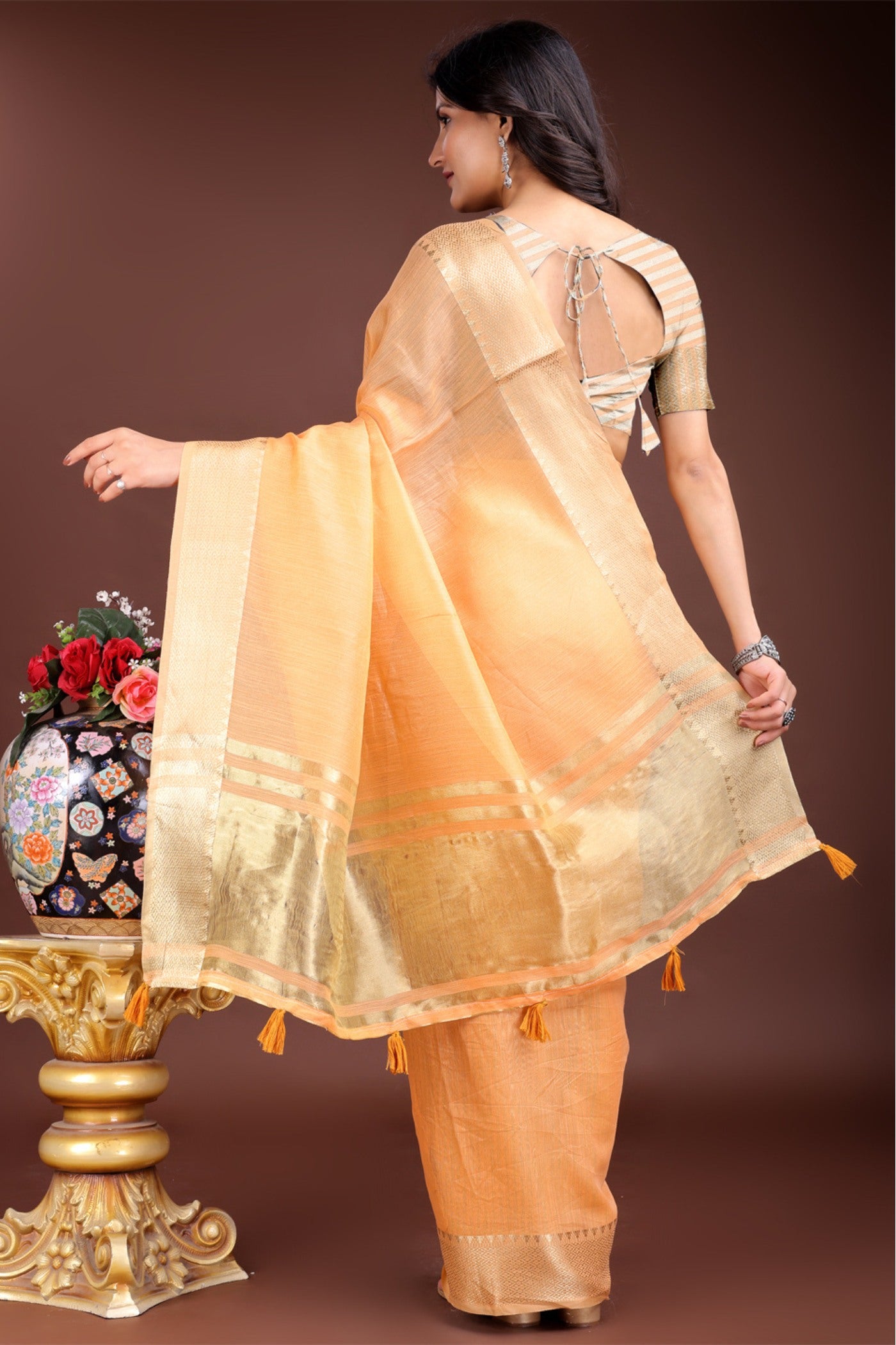 Buy MySilkLove Beer Orange Woven Cotton Saree Online