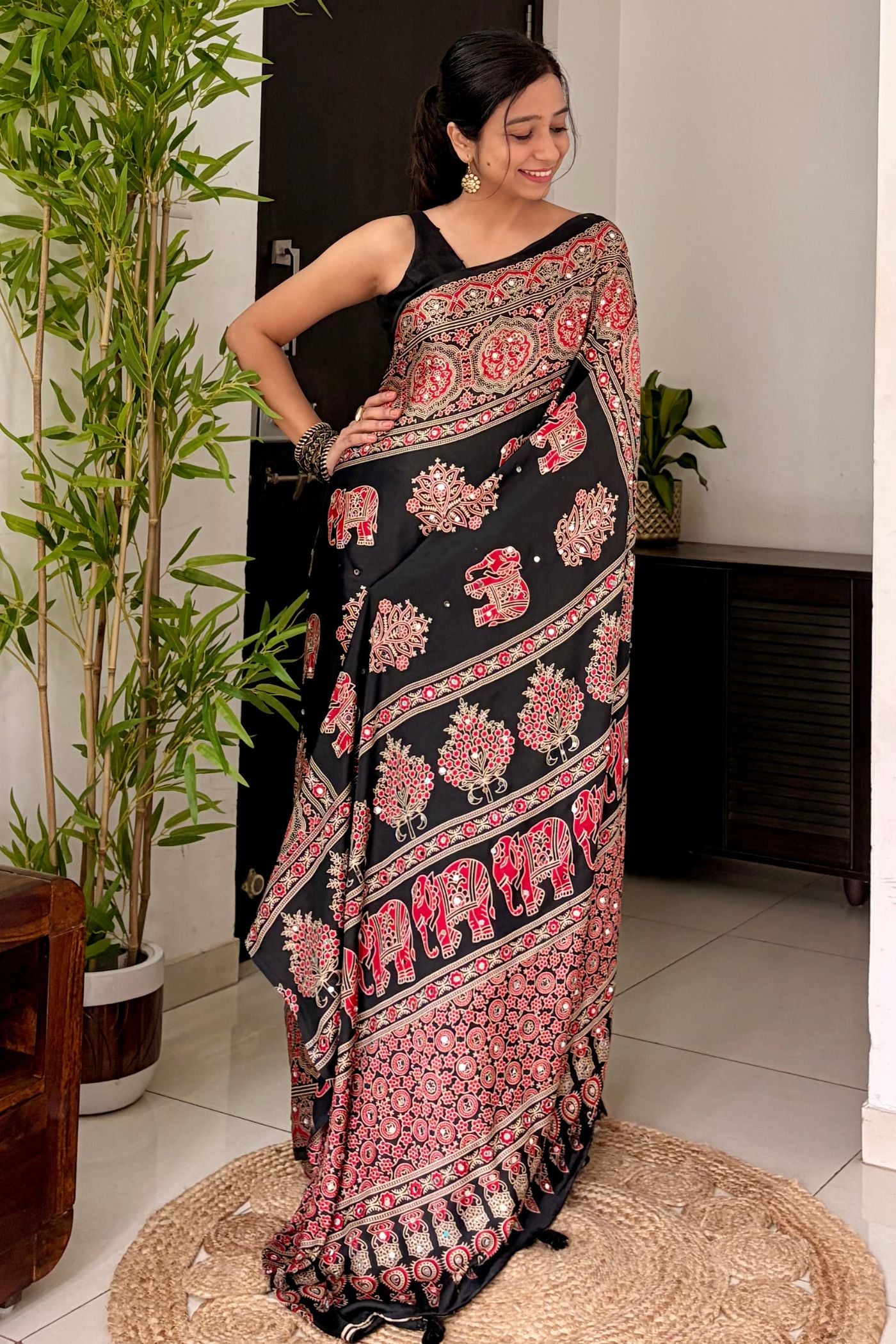 Buy MySilkLove Raven Black Ajrakh Satin Printed Mirror Work Saree Online