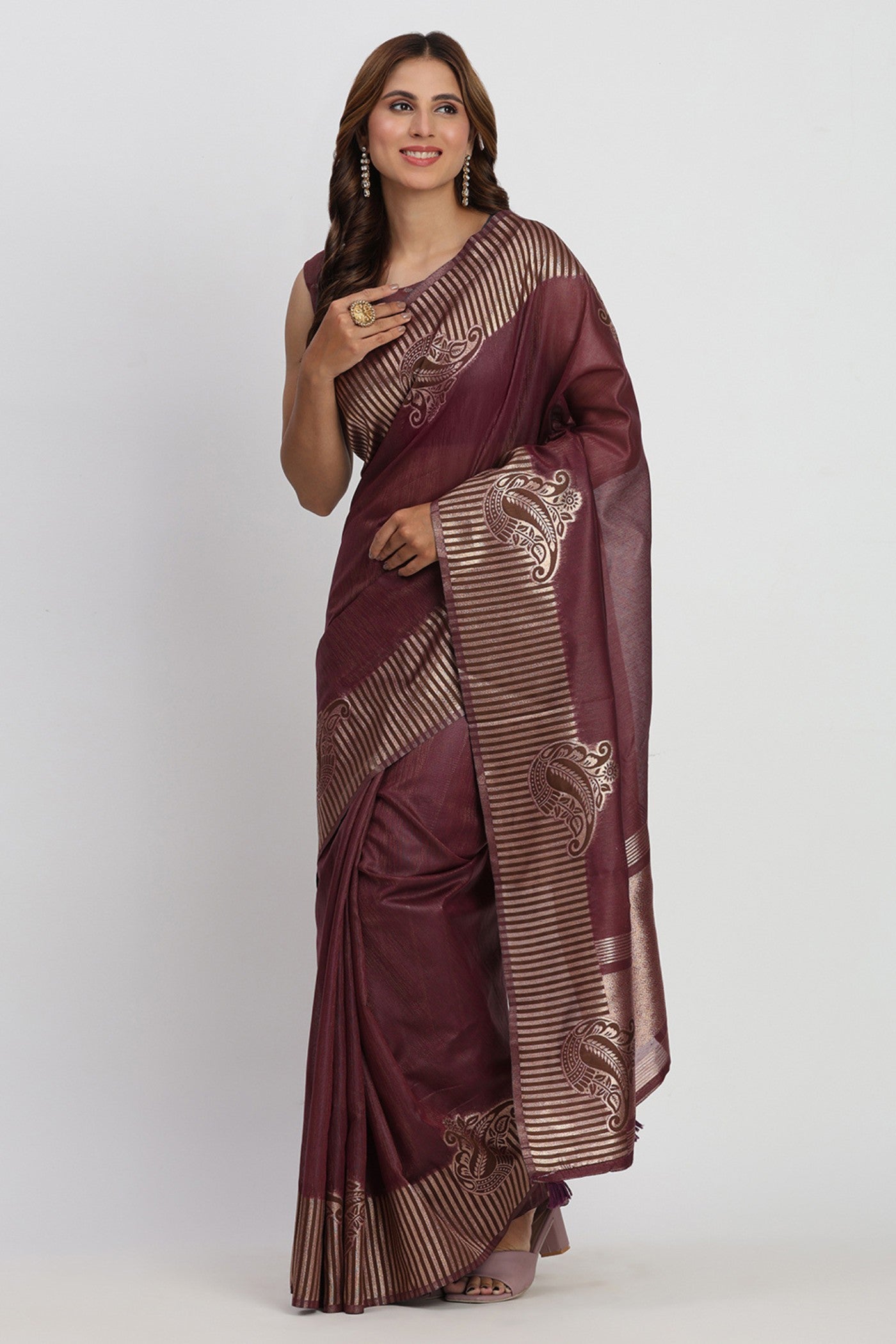 Buy MySilkLove Pecan Brown Woven Linen Cotton Saree Online