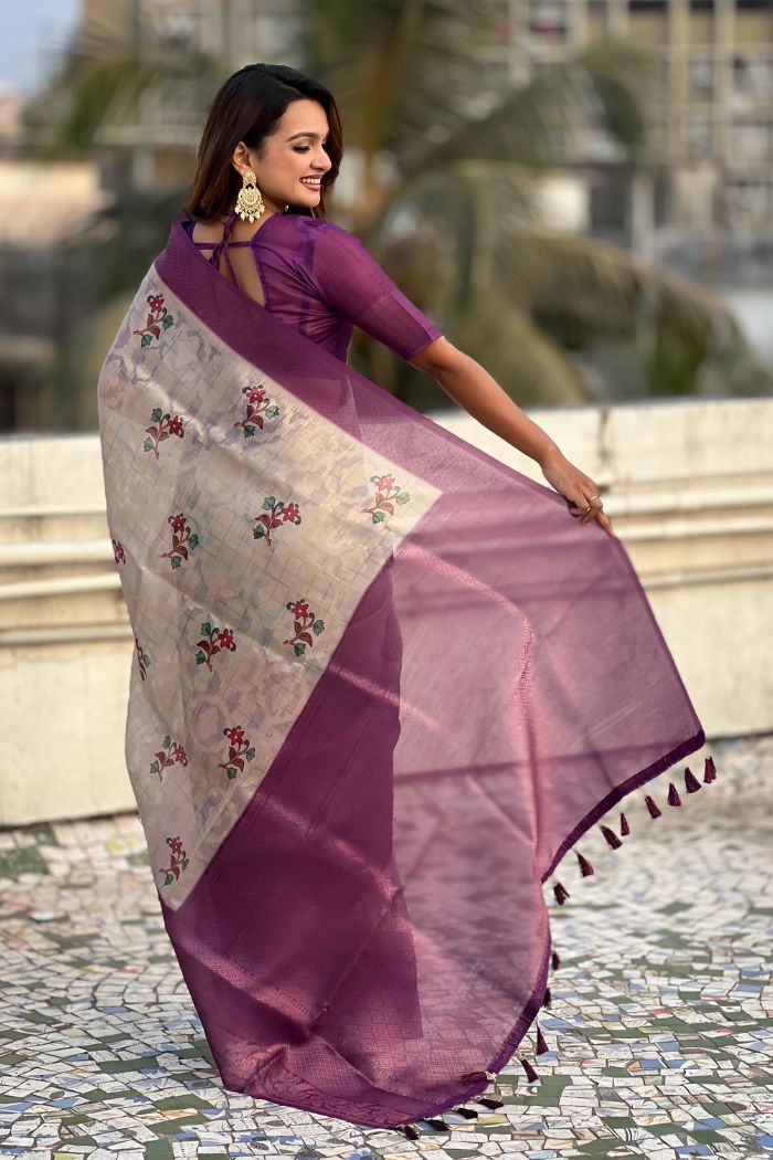 Buy MySilkLove Tumbleweed Cream and Purple Woven Cotton Saree Online