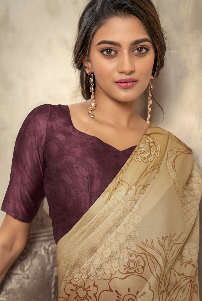 Buy MySilkLove Rich Cream Printed Satin Silk Saree Online
