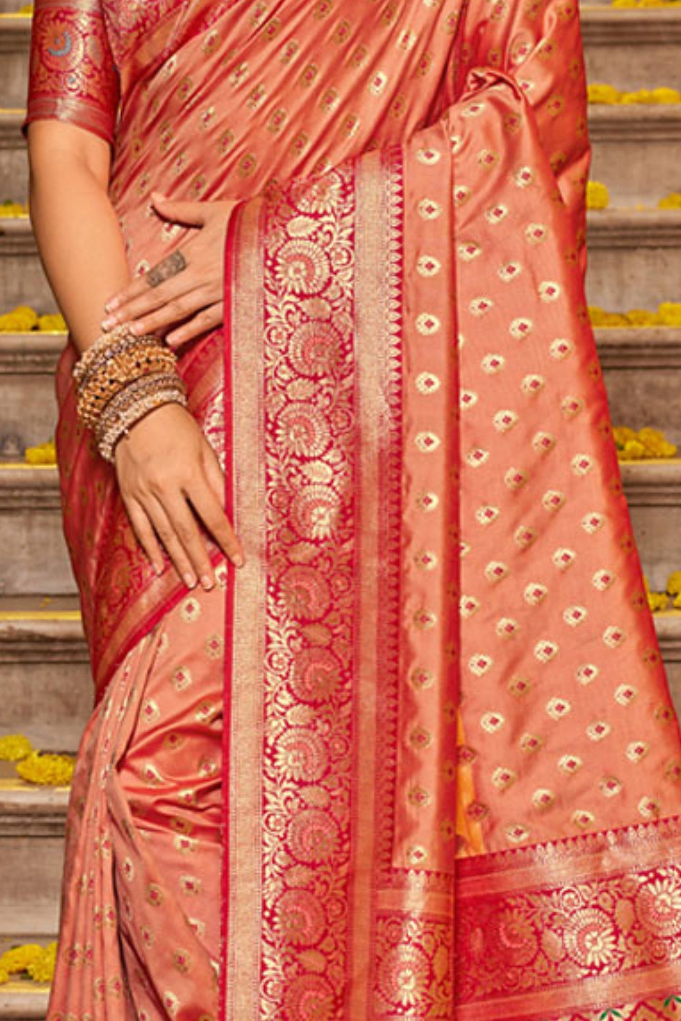 Buy MySilkLove Dark Plum Peach Zari Woven Banarasi Saree Online
