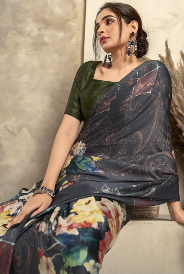 Buy MySilkLove Iron Ore Black Printed Satin Silk Saree Online
