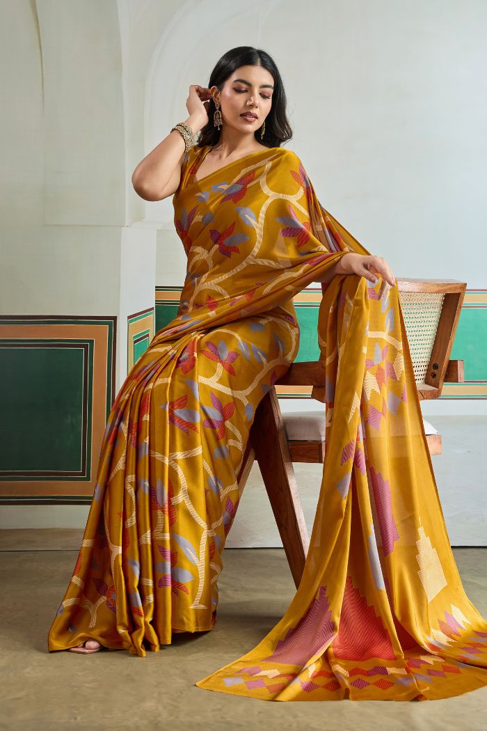 Buy MySilkLove Tulip Yellow Modal Ajrakh Printed Satin Silk Saree Online