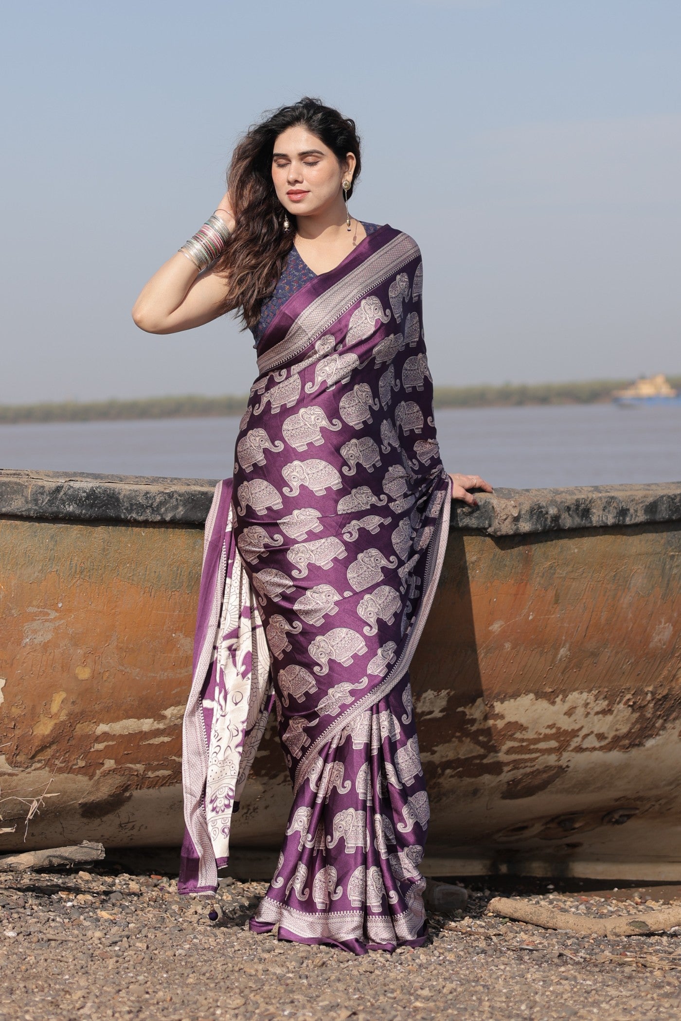 Buy MySilkLove Haze Purple Ajrakh Printed Satin Crepe Silk Saree Online