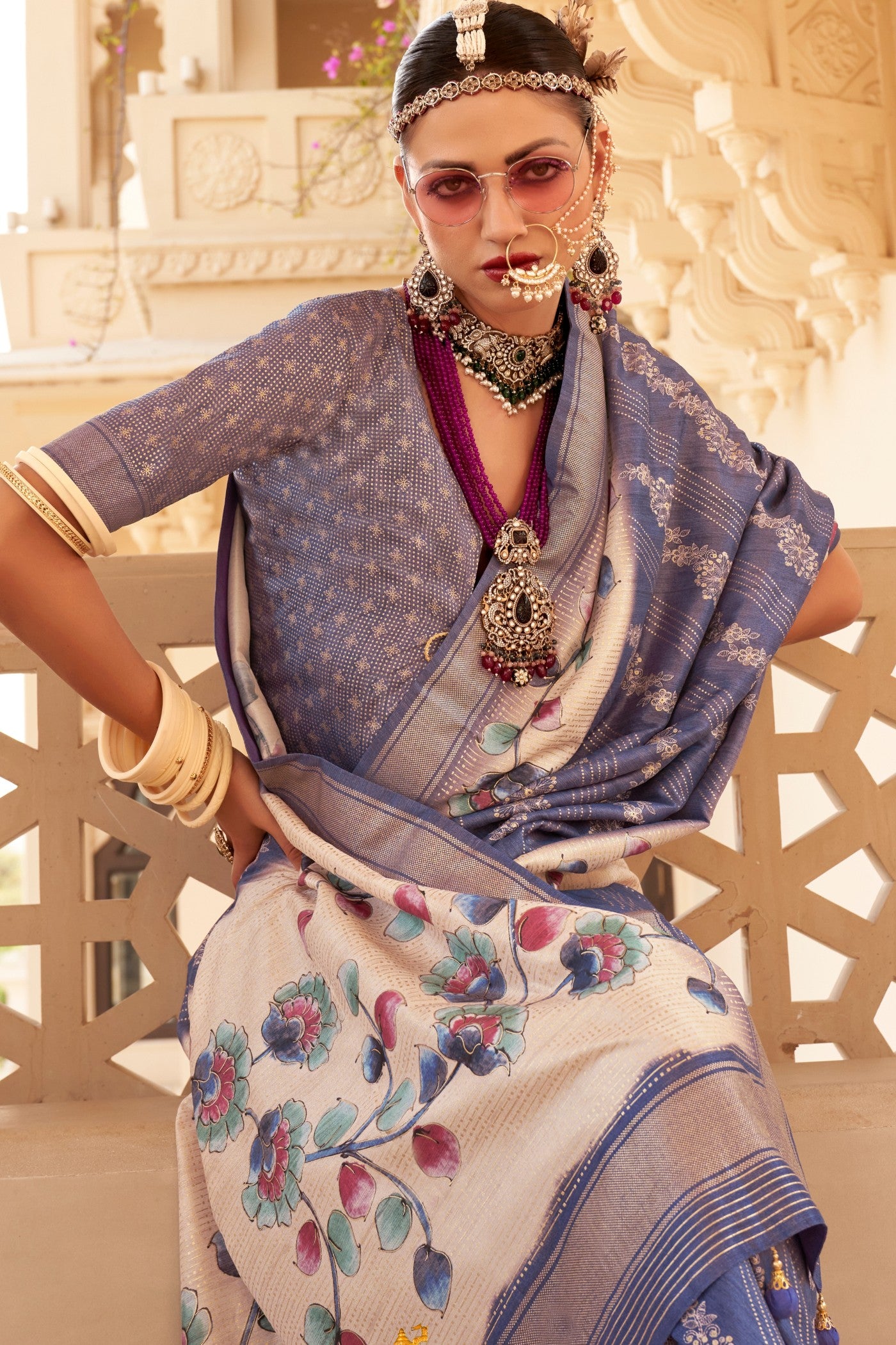 Buy MySilkLove Waterloo Blue Floral Printed Banarasi Saree Online