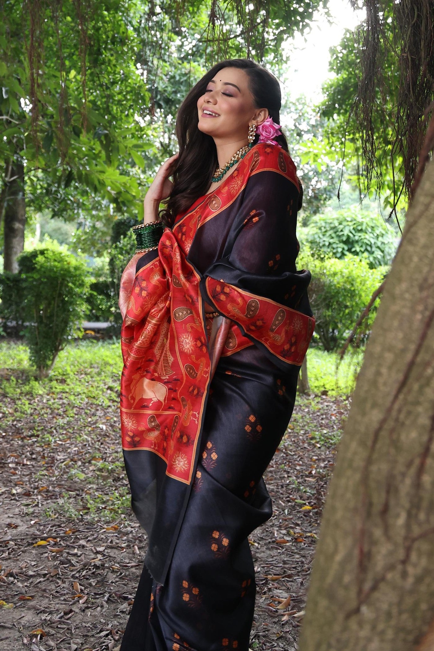 Buy MySilkLove Stone Black Madhubani Tussar Printed Silk Saree Online