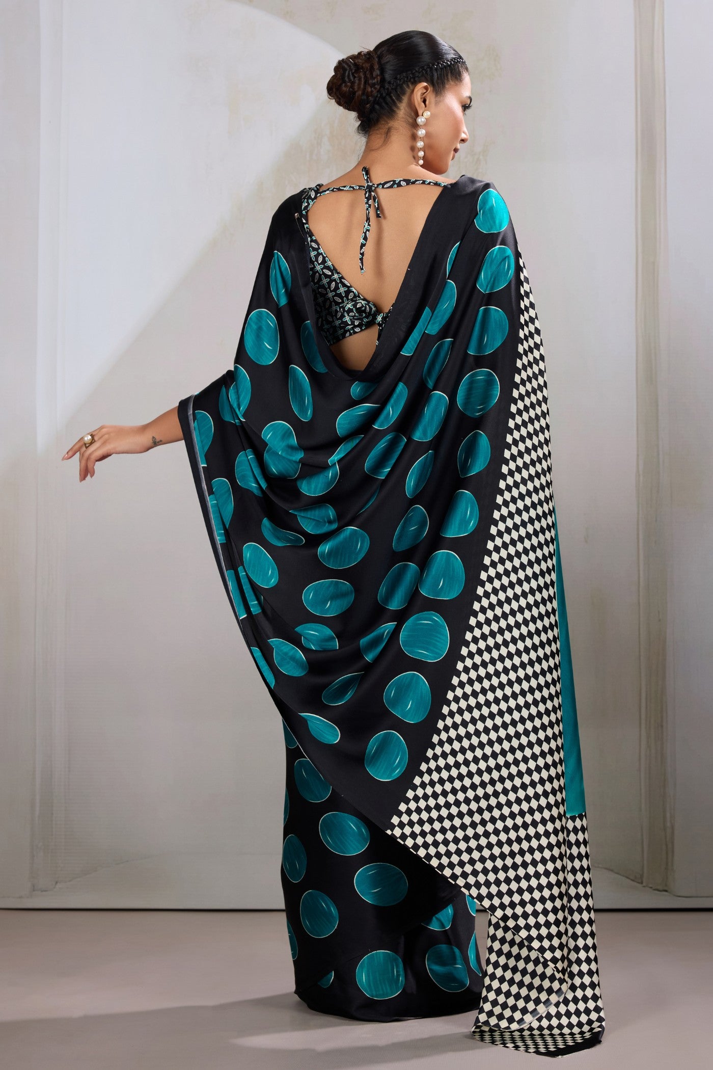 Buy MySilkLove Havelock Blue Printed Polka Dots Satin Crepe Saree Online