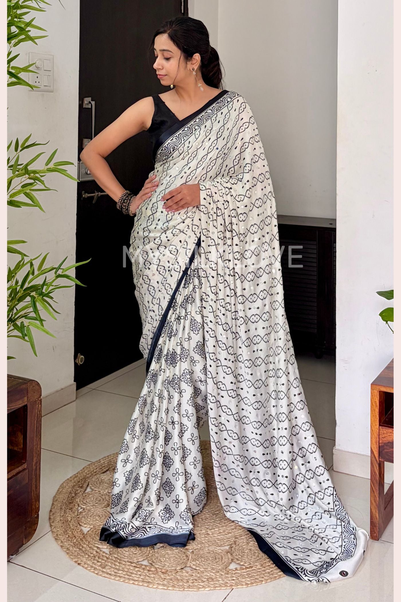 Buy MySilkLove Coconut White and Black Satin Printed Silk Saree Online