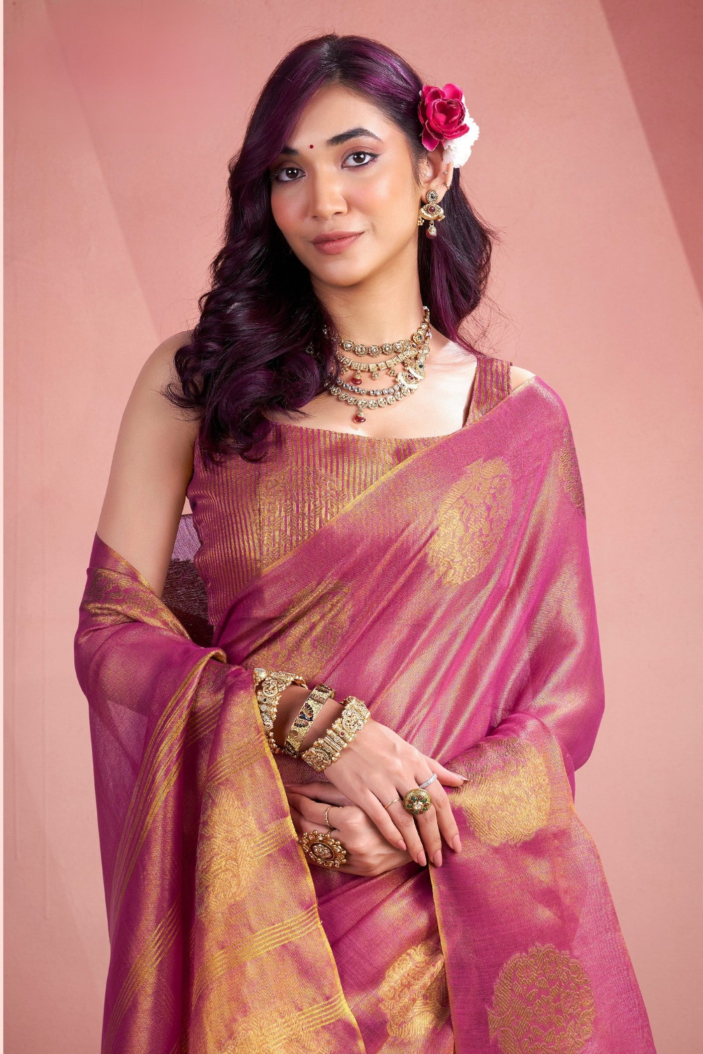 Buy MySilkLove Bubble Pink Zari Woven Tissue Saree Online