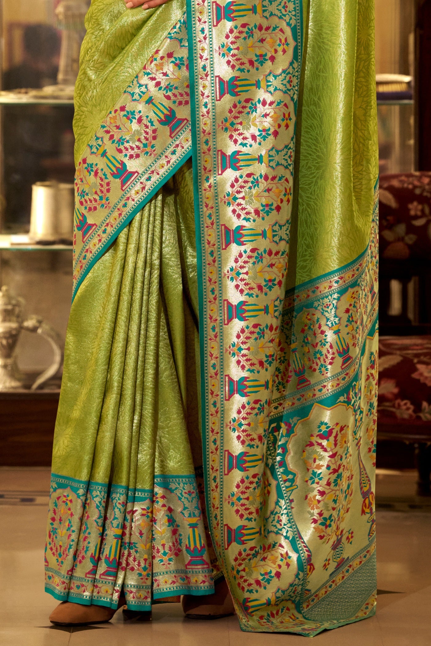 Buy MySilkLove Fern Green Woven Tissue Silk Saree Online