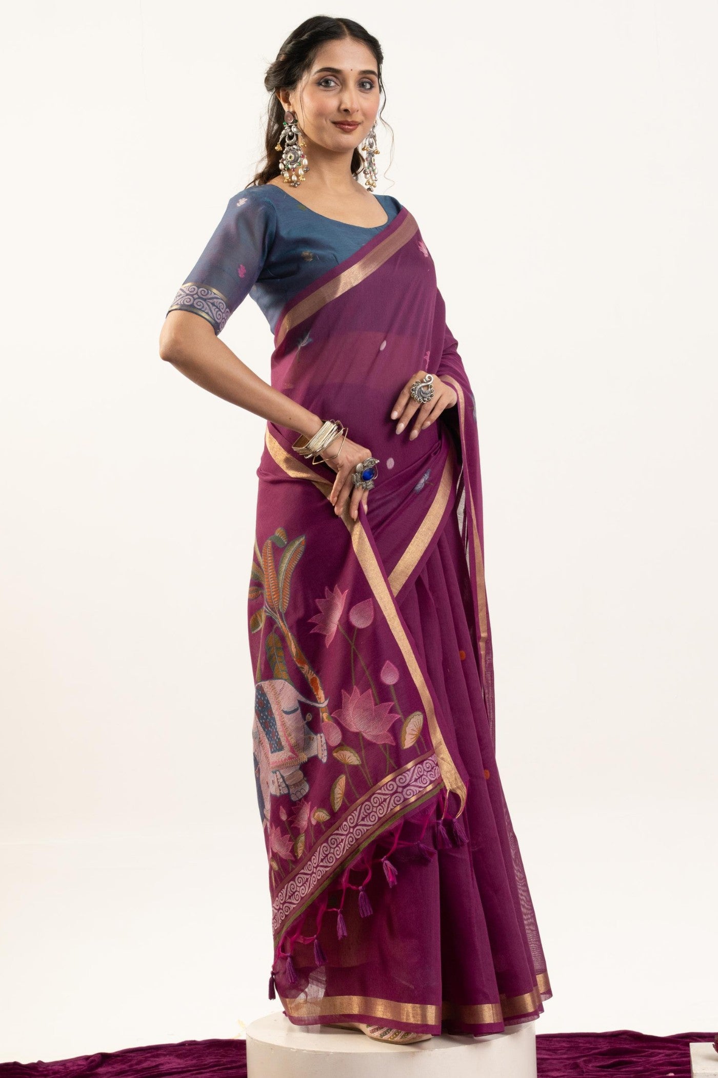 Buy MySilkLove Mulberry Purple Woven Soft Muga Cotton Saree Online
