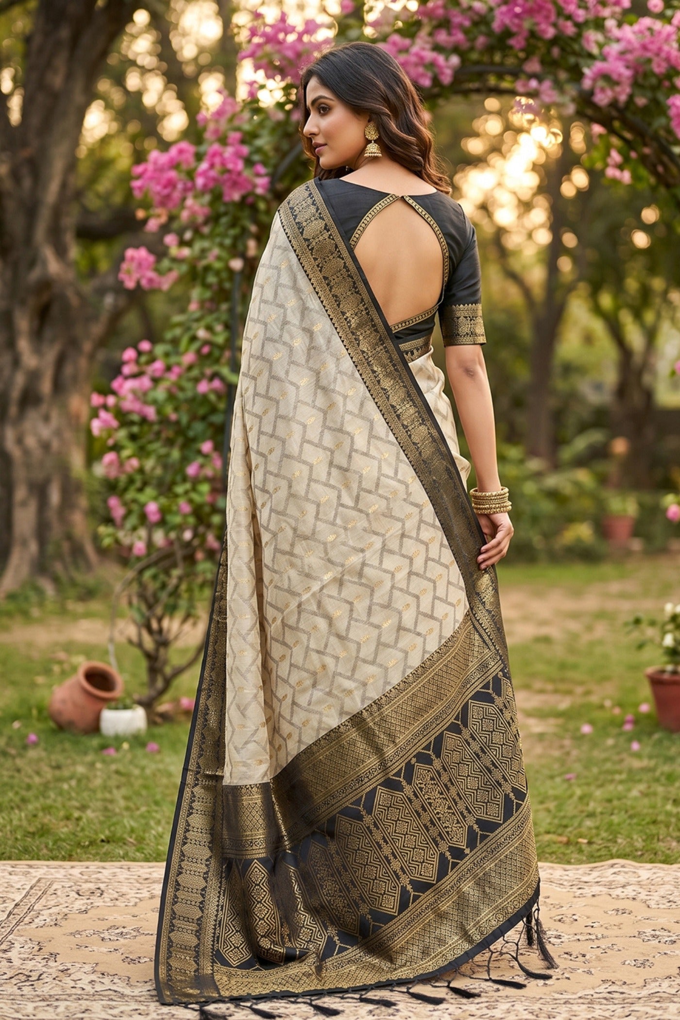 Buy MySilkLove Dust Cream and Black Woven Banarasi Cotton Saree Online
