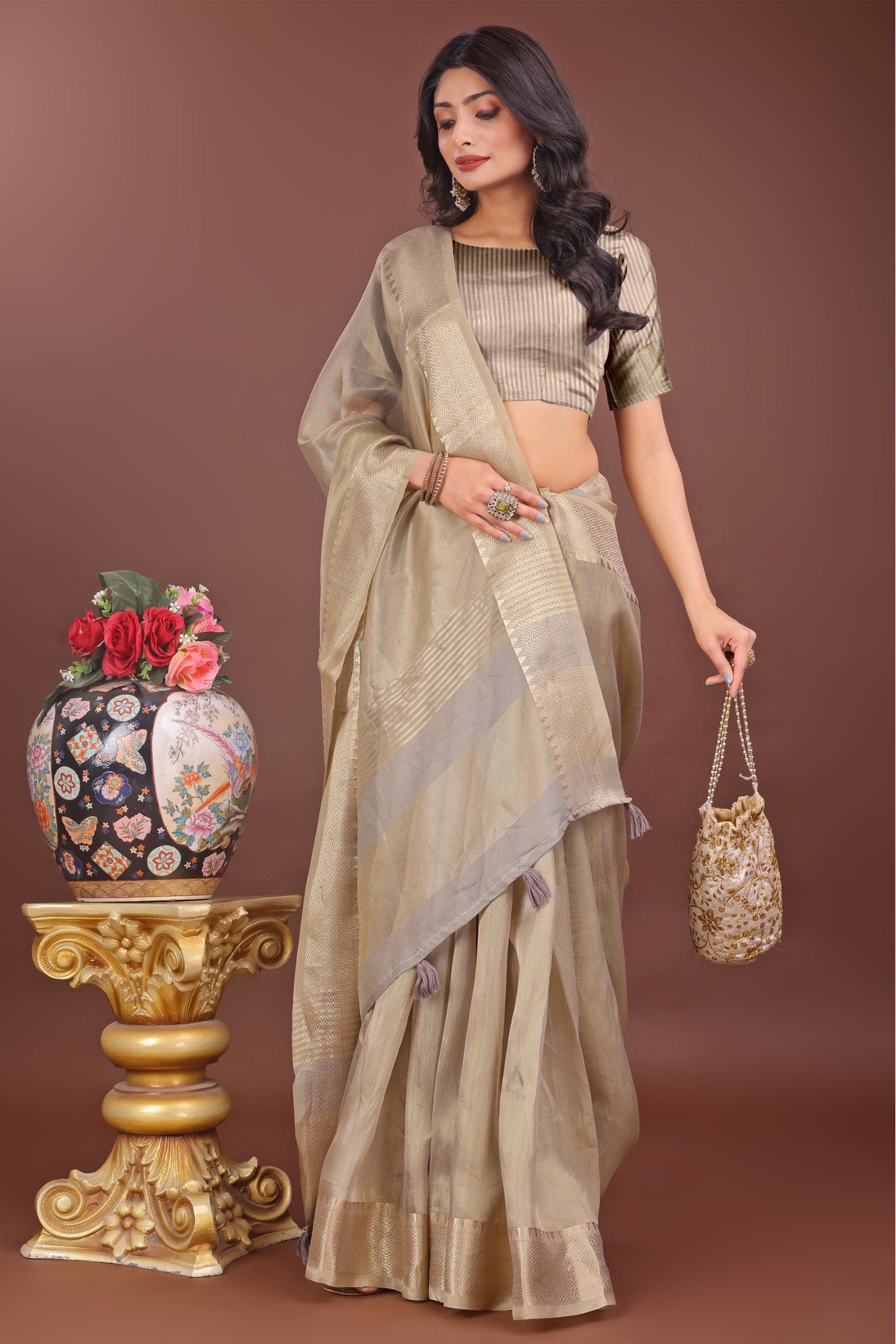 Buy MySilkLove Lace Cream Woven Organza Saree Online
