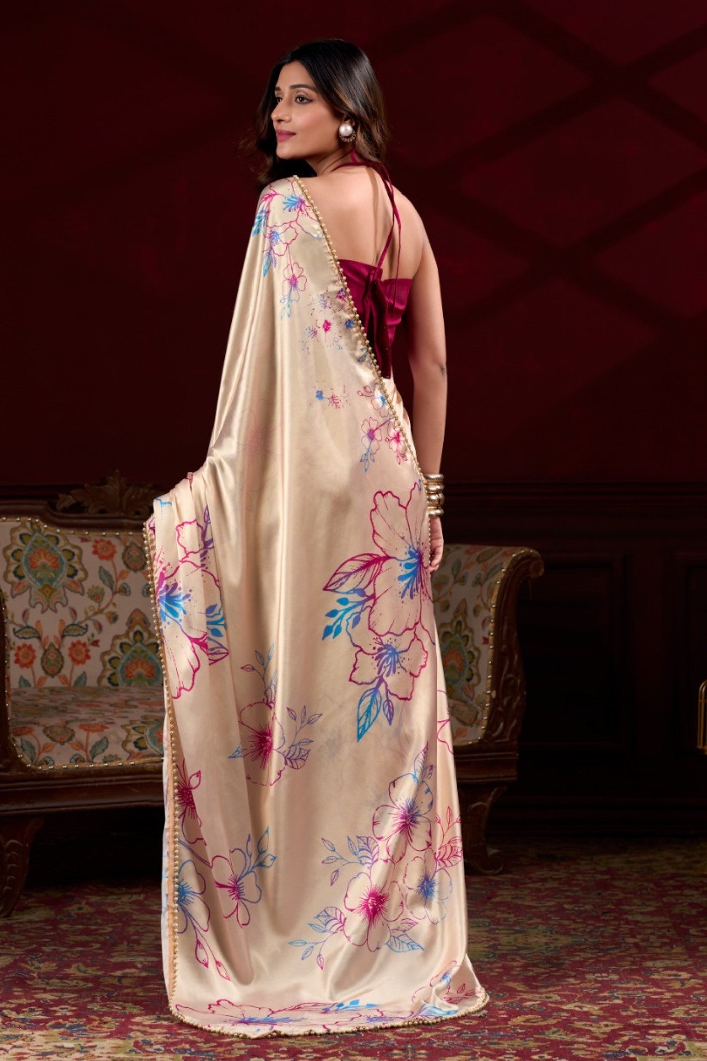 Buy MySilkLove Daisy Cream Floral Printed Satin Silk Saree Online