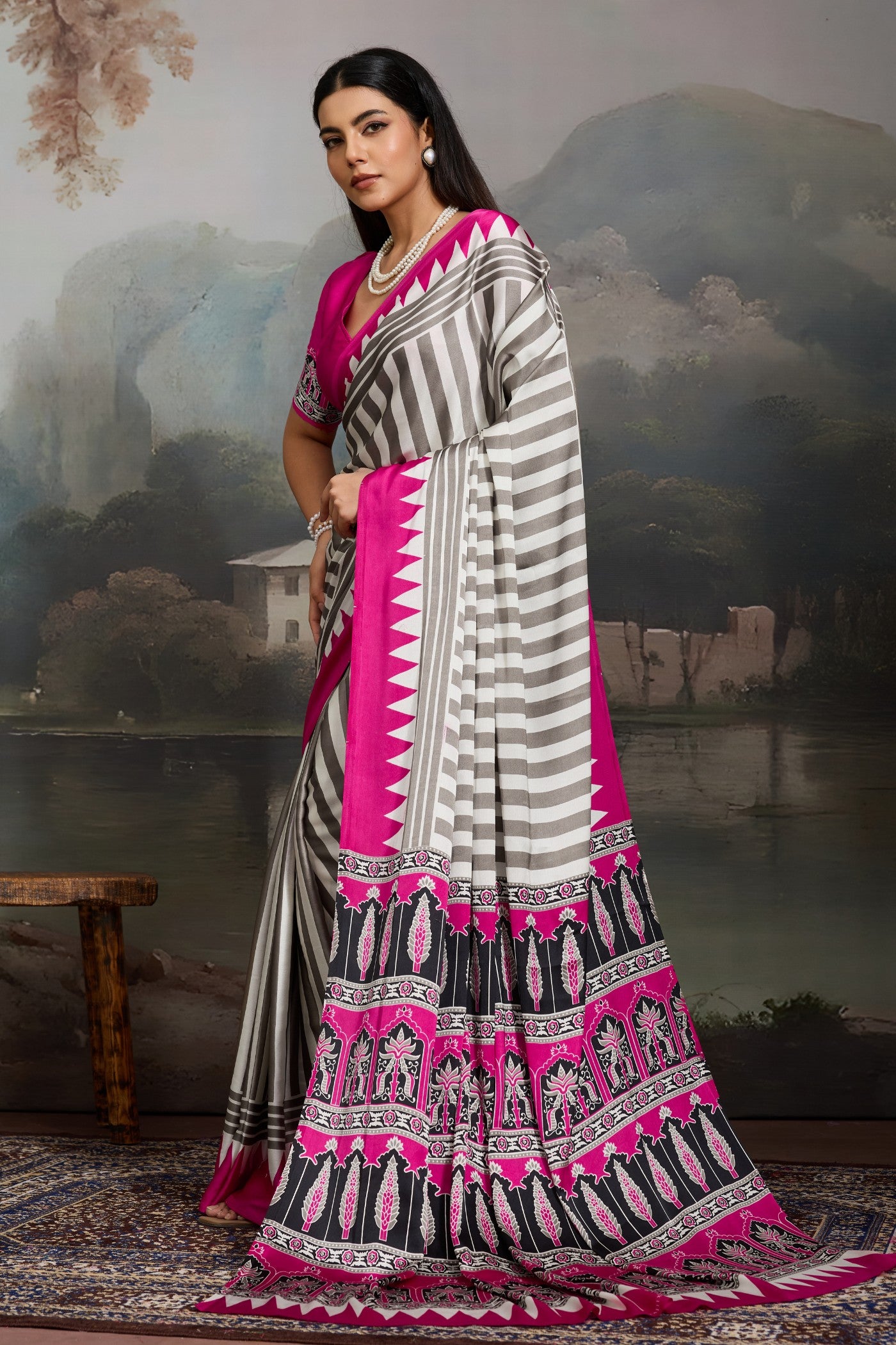 Buy MySilkLove Aster White and Pink Ajrakh Printed Satin Crepe Silk Saree Online
