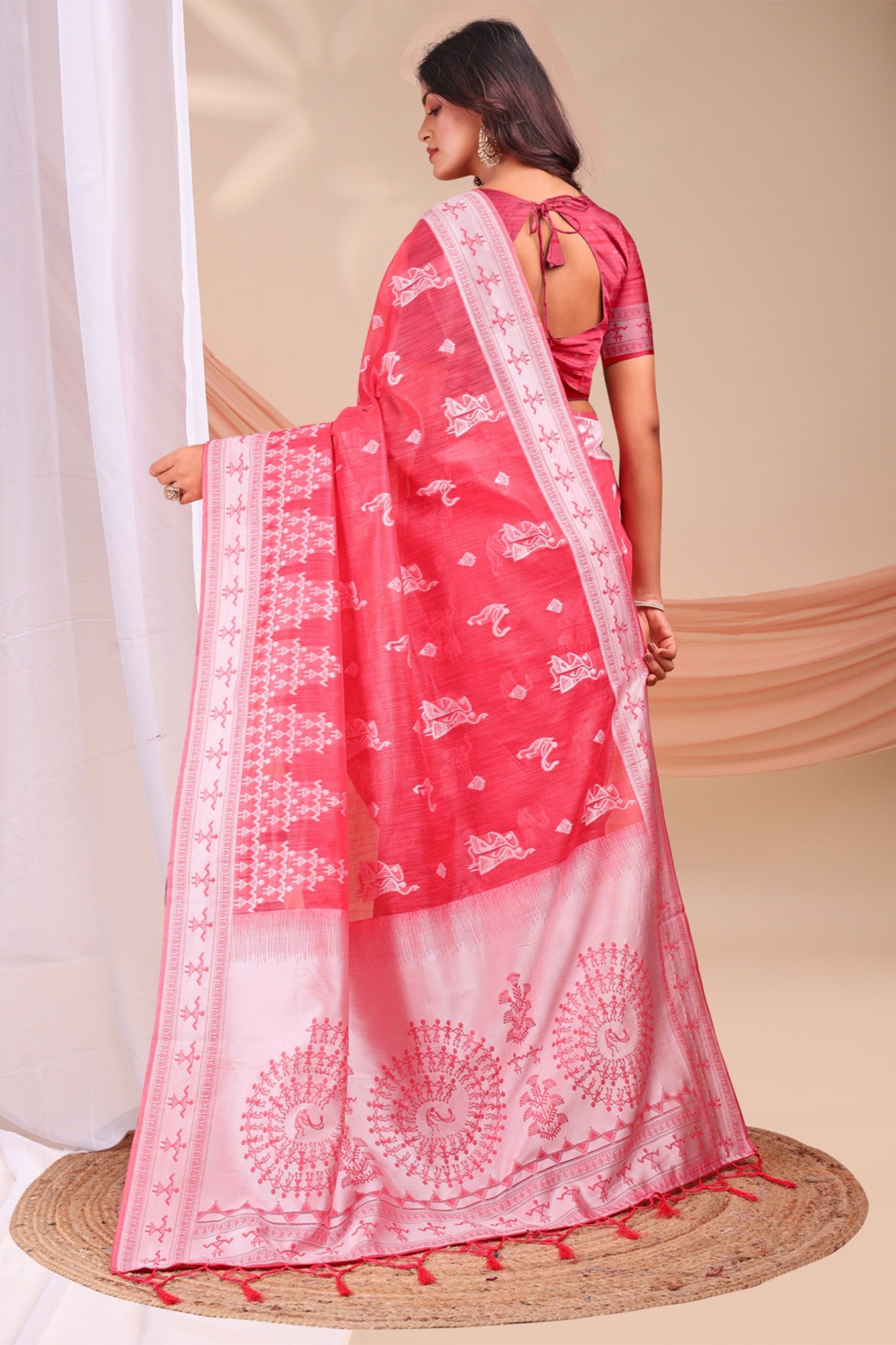 Buy MySilkLove Bright Rose Pink Woven Linen Cotton Saree Online