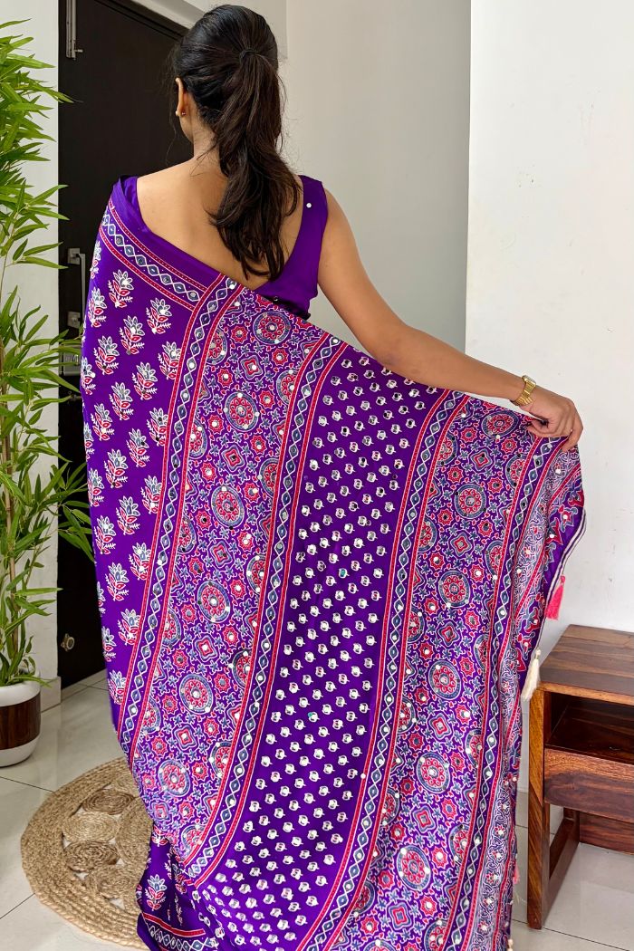 Buy MySilkLove Violet Purple Modal Ajrakh Satin Printed Mirror Work Saree Online