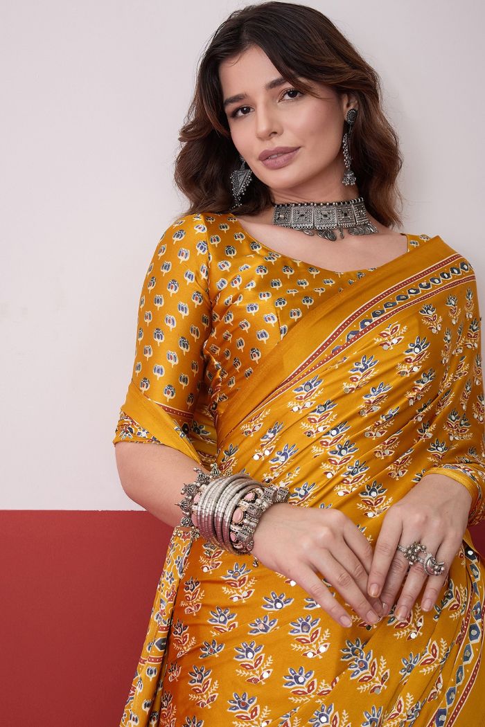 Buy MySilkLove Marigold Yellow Modal Ajrakh Satin Printed Mirror Work Saree Online