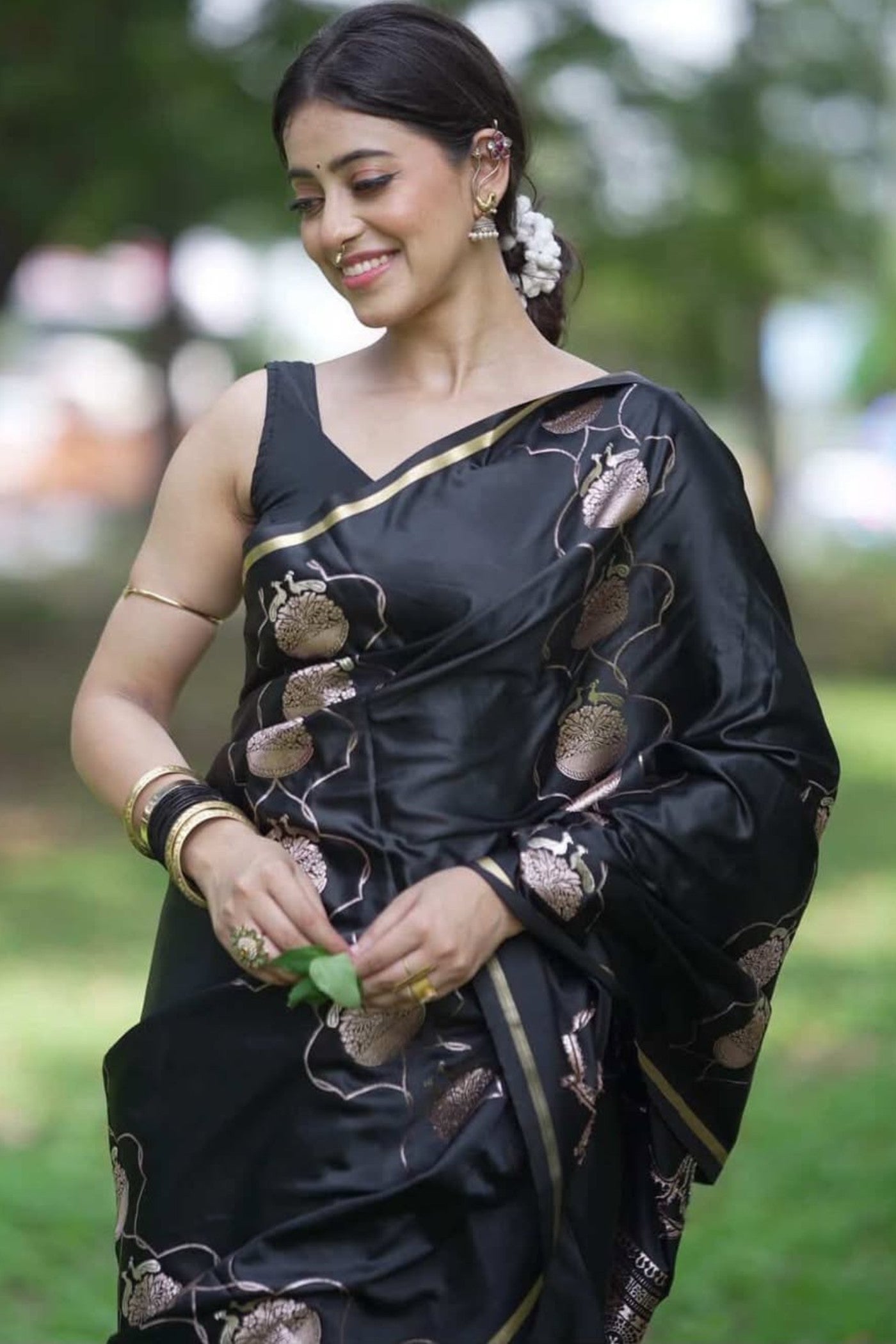 Buy MySilkLove Ink Black Handloom Satin Silk Saree Online