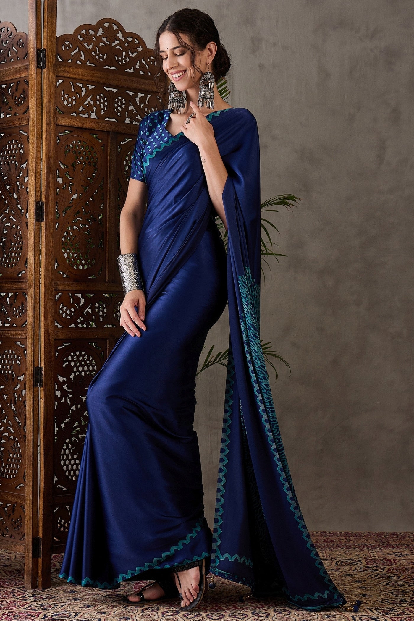 Buy MySilkLove Venice Blue Printed Satin Gaji Silk Saree Online
