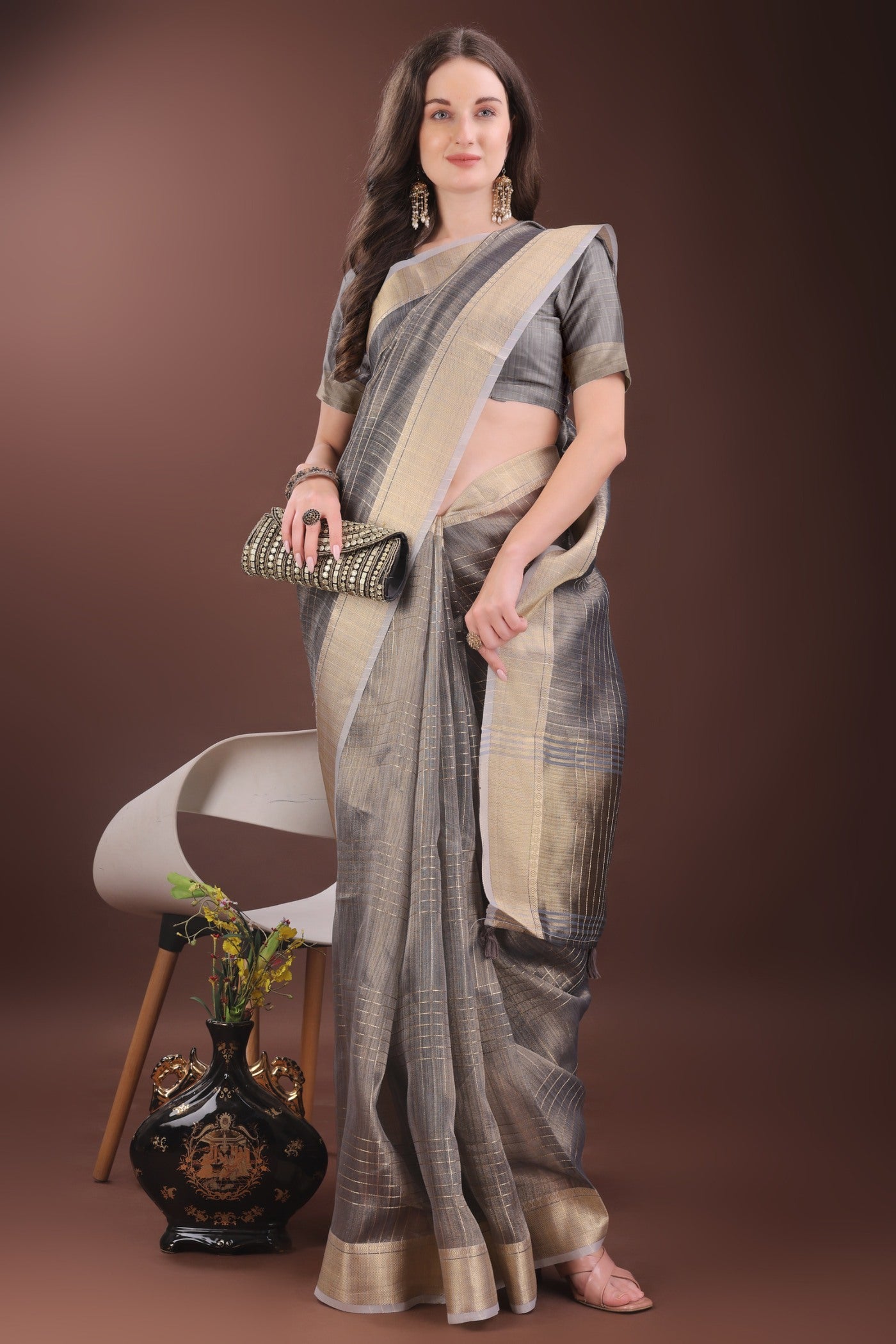 Buy MySilkLove Iron Grey Woven Organza Saree Online