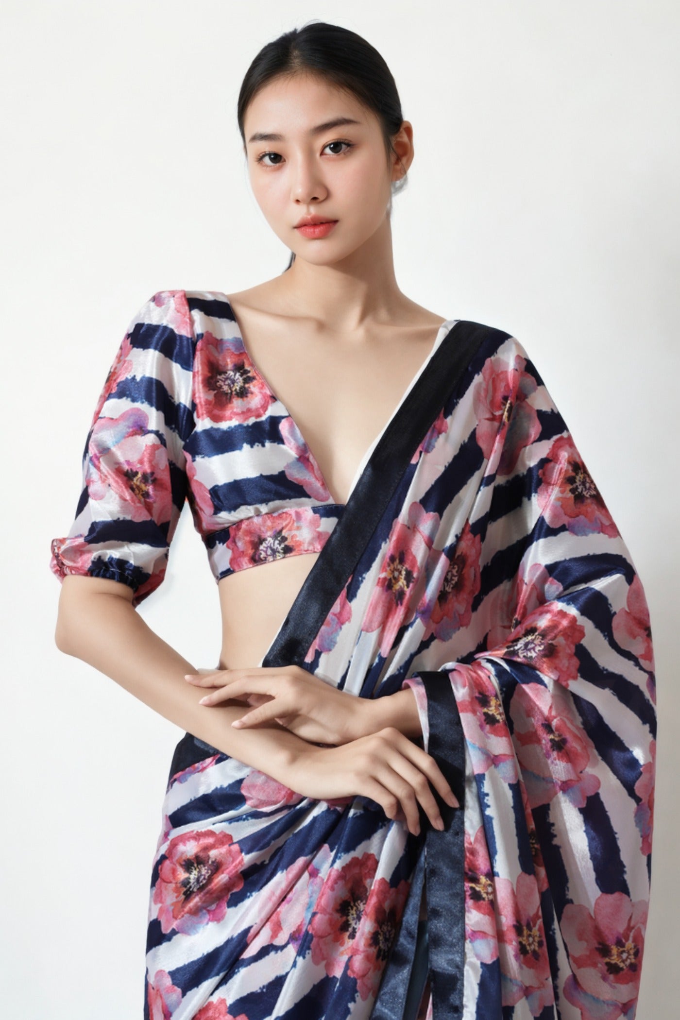 Buy MySilkLove Multicolor White Chinon Digital Printed Ready To Wear Saree Online
