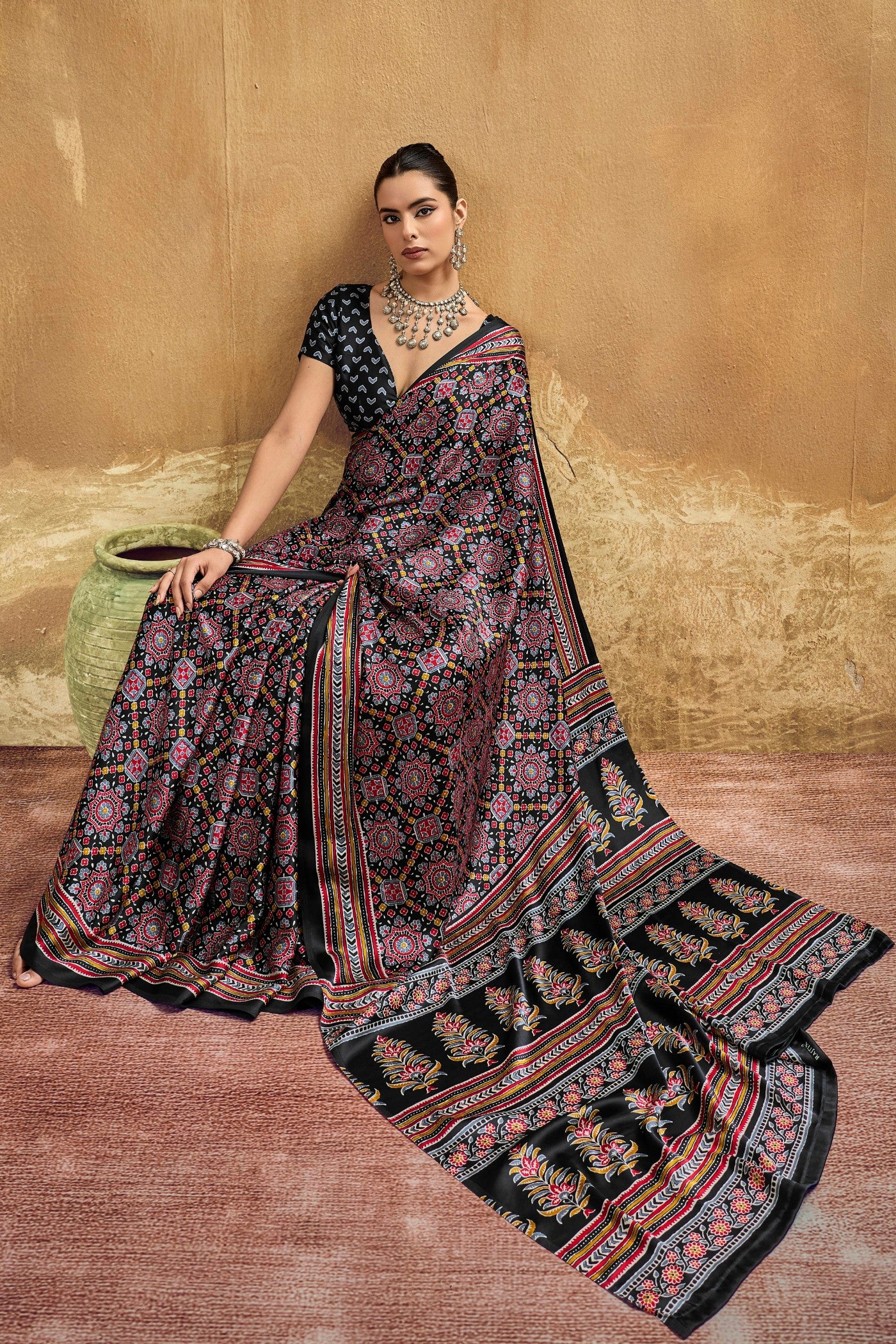 Buy MySilkLove Mysterious Black Modal Ajrakh Satin Printed Silk Saree Online