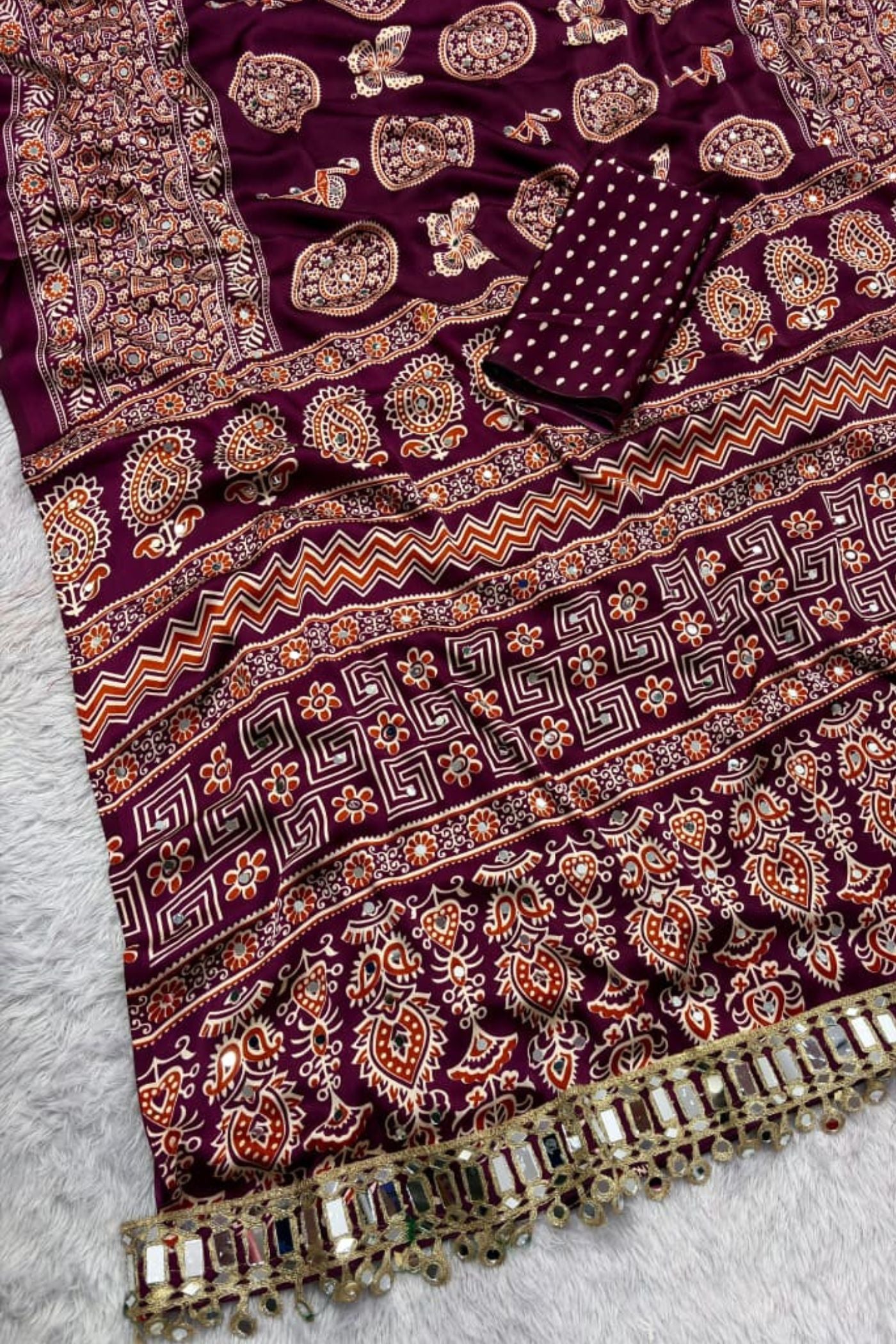 Buy MySilkLove Chili Red Ajrakh Satin Printed Mirror Work Saree Online