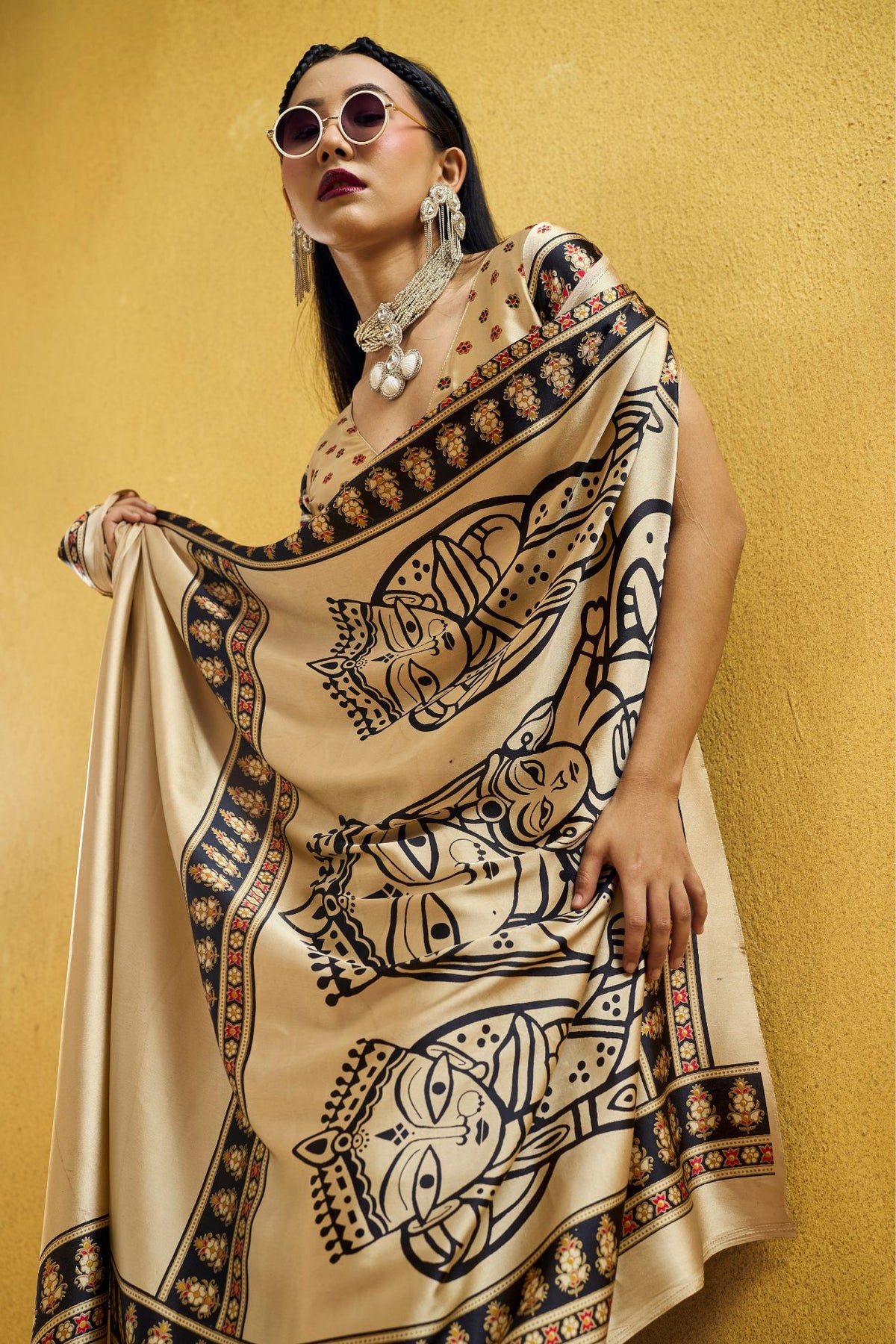 MySilkLove Champagne Cream Modal Ajrakh Satin Printed Silk Saree