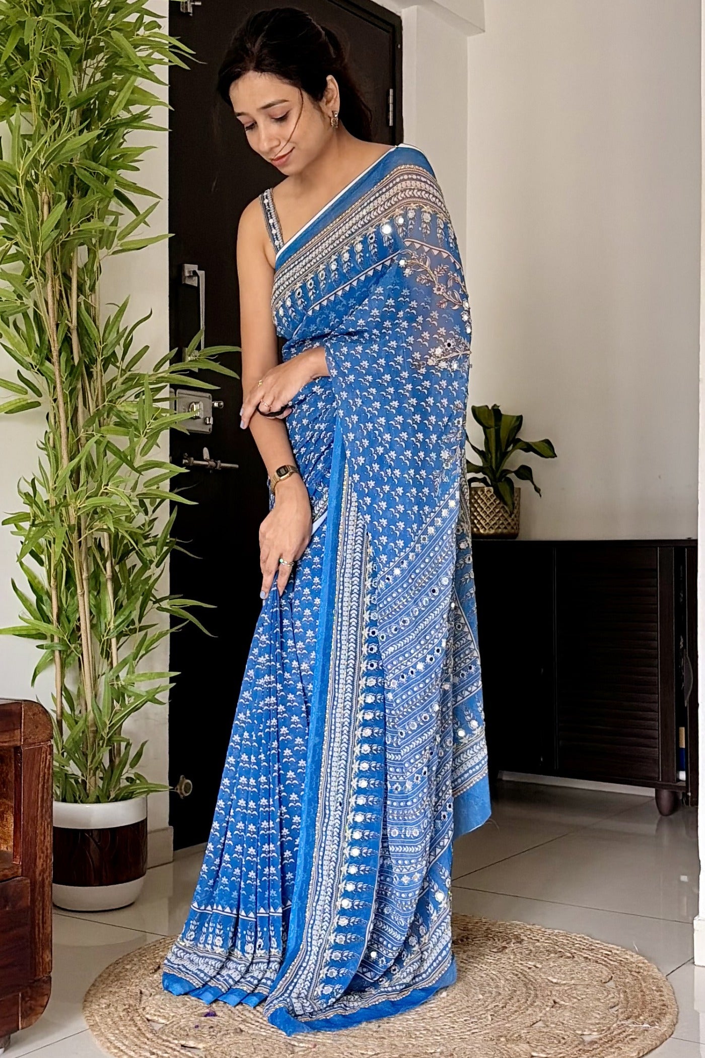 Buy MySilkLove Calypso Blue Ajrakh Georgette Printed Mirror Work Saree Online