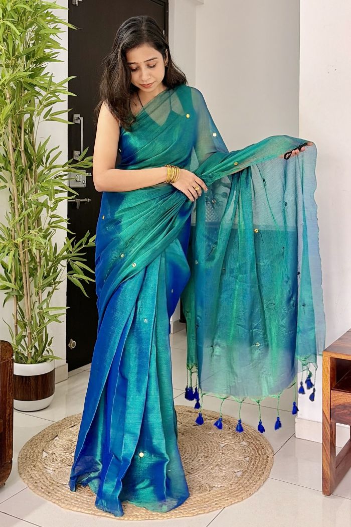Buy MySilkLove Egyptian Blue Tissue Woven Saree Online