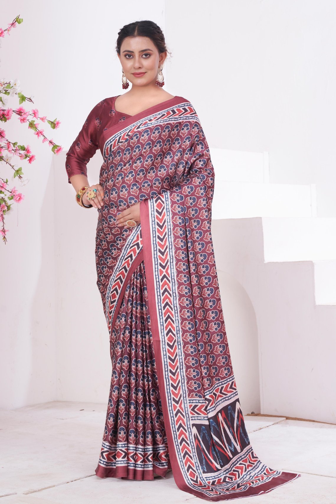 Buy MySilkLove Copper Rose Brown Ajrakh Printed Satin Crepe Saree Online