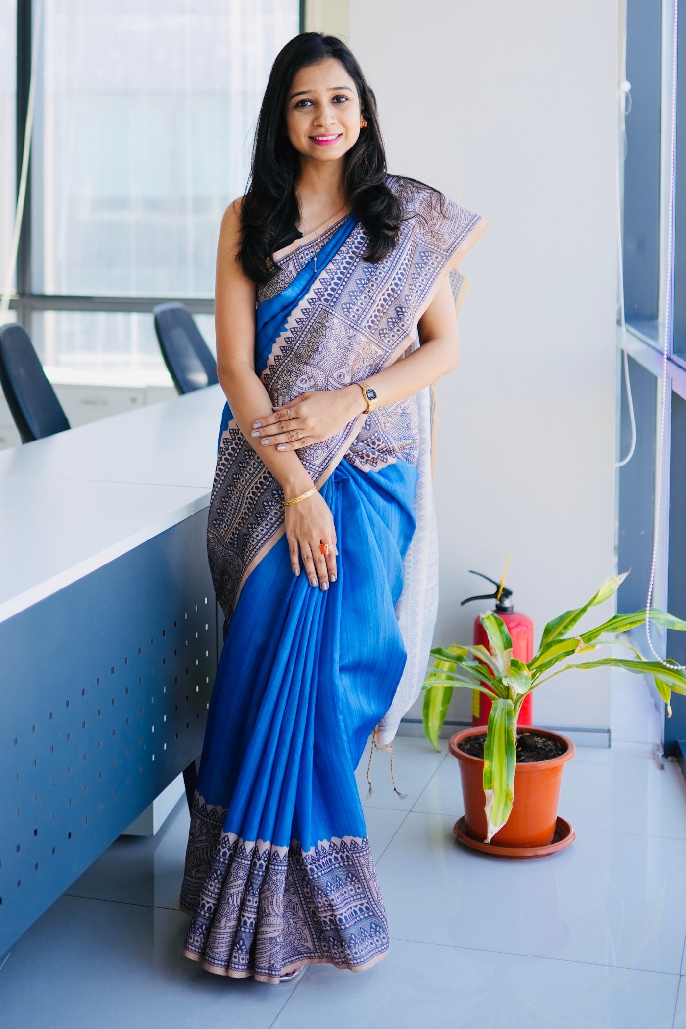 Buy MySilkLove Cobalt Blue Madhubani Printed Silk Saree Online