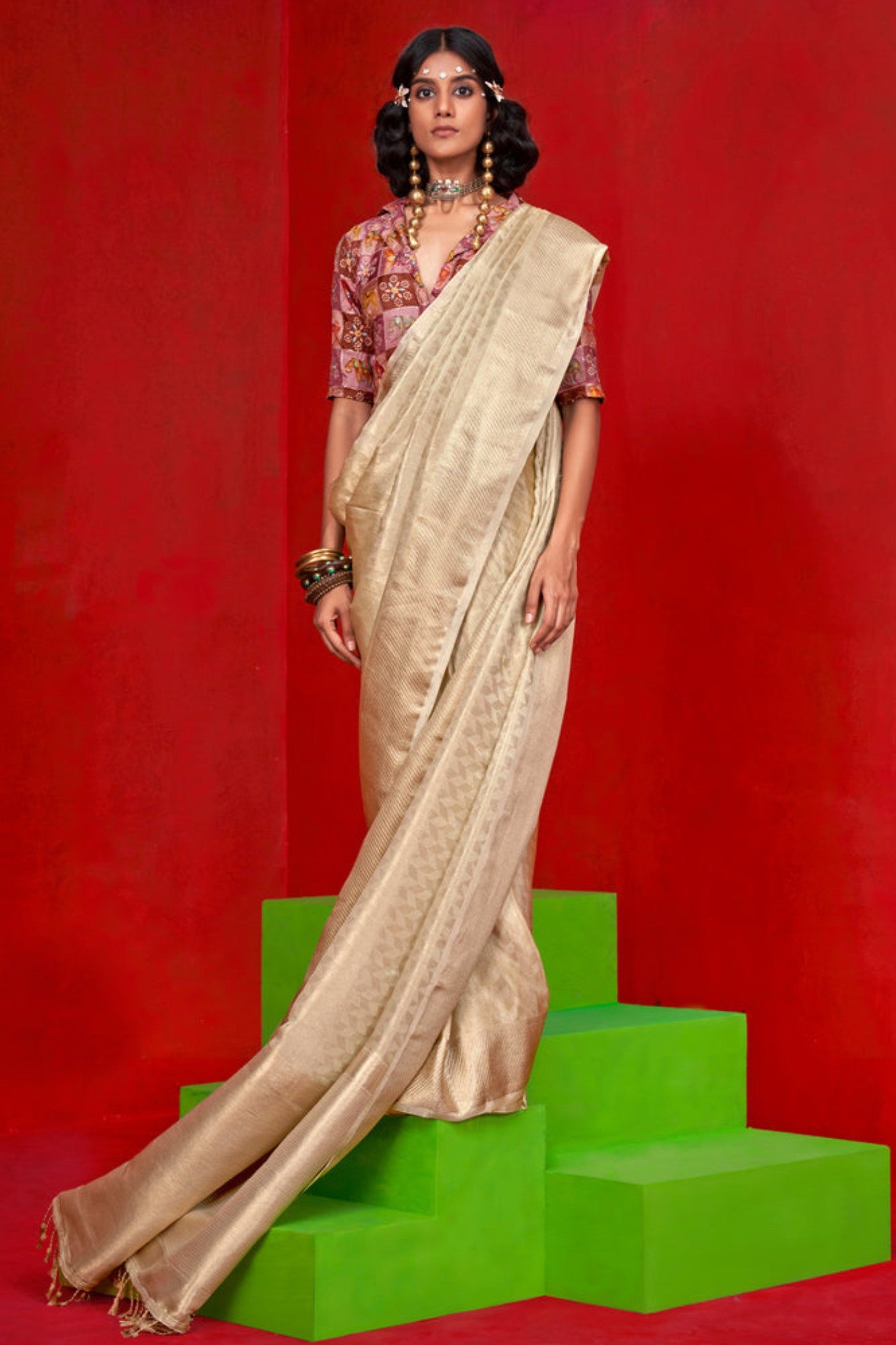Buy MySilkLove Pancho Cream Woven Tissue Silk Saree Online
