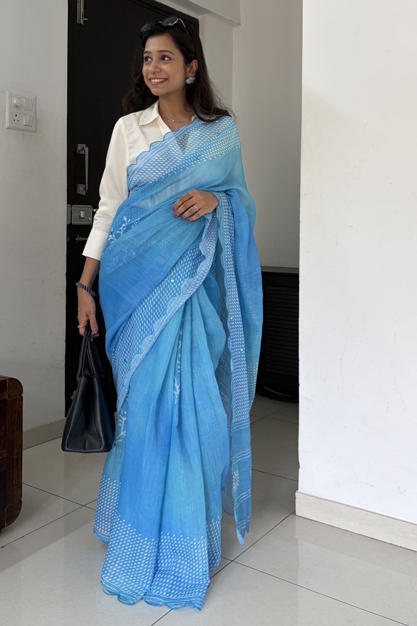 Buy MySilkLove Swim Blue Printed Cotton Saree Online
