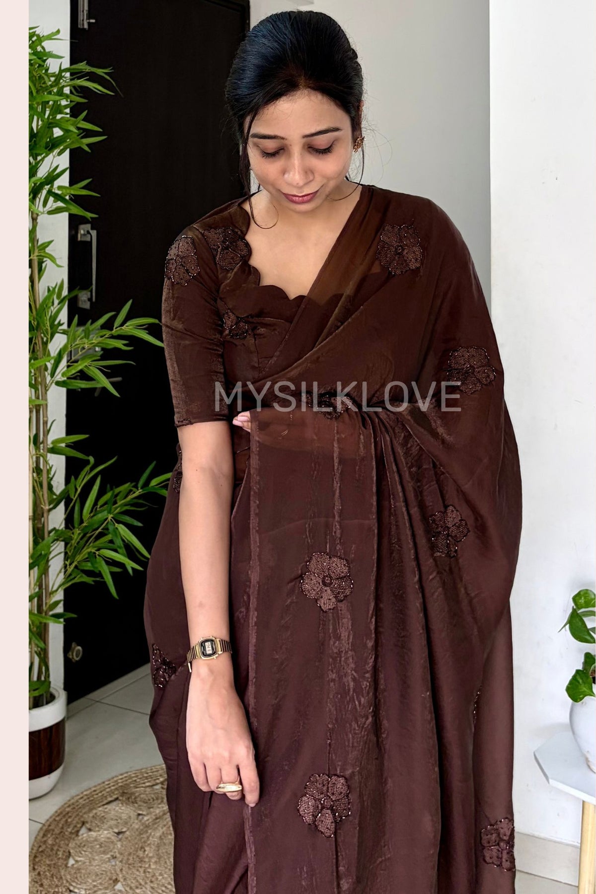 Buy MySilkLove Mahogany Brown Designer Sequin Embroidery Work Saree Online